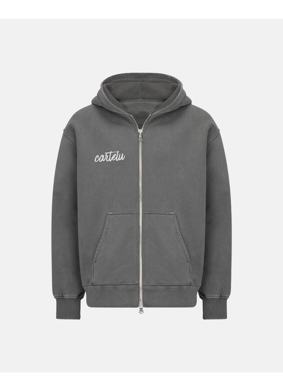Sudadera Zip Hoodie 600 GSM “Con Love” Washed Grey UNISEX