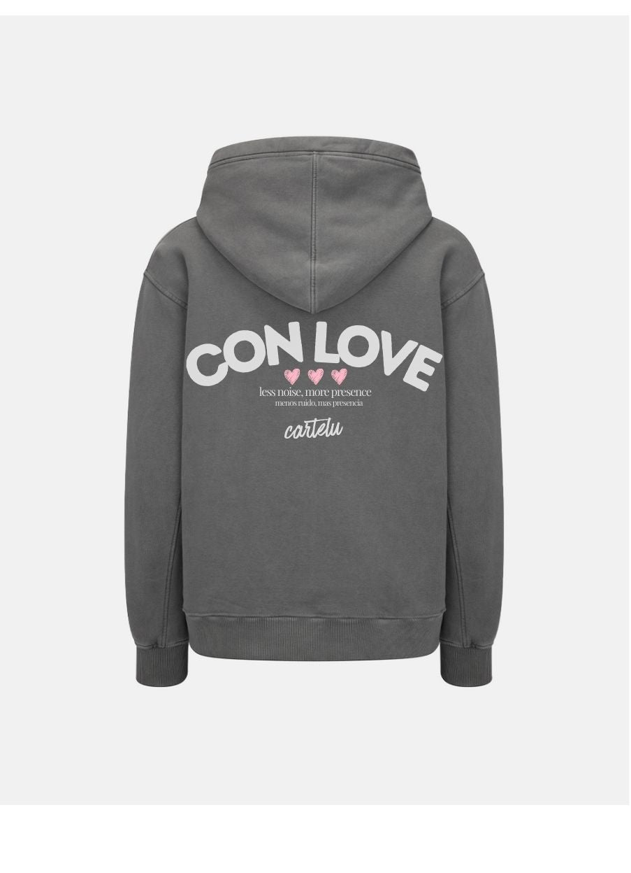 Sudadera Zip Hoodie 600 GSM “Con Love” Washed Grey UNISEX
