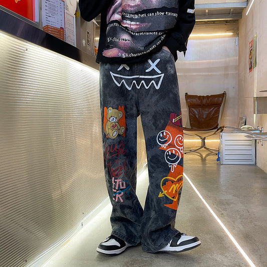 Pantalones vaqueros unisex estilo hip-hop graffiti, corte recto y suelto