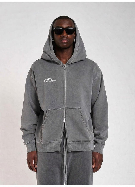 Sudadera Zip Hoodie 600 GSM “Con Love” Washed Grey UNISEX