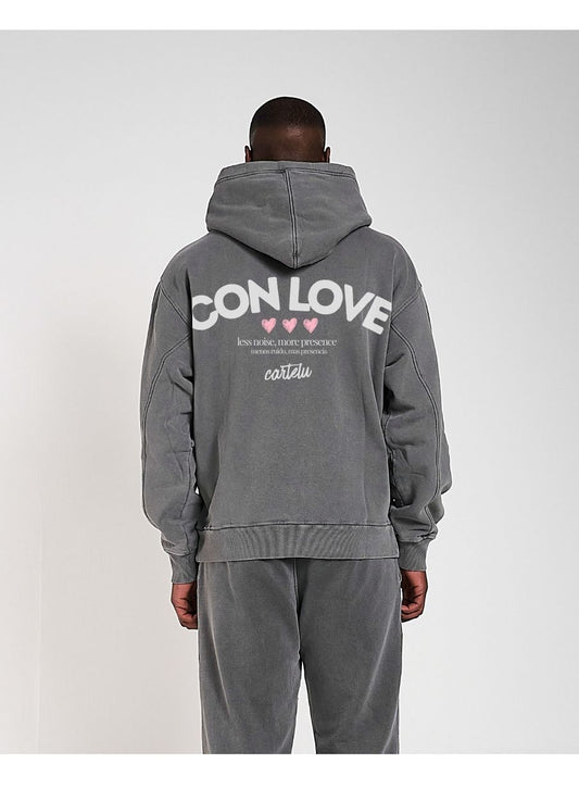 Sudadera Zip Hoodie 600 GSM “Con Love” Washed Grey UNISEX